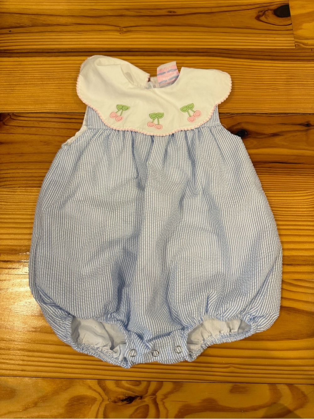 Blue Striped Baby Bubble with Pink Cherry Bib